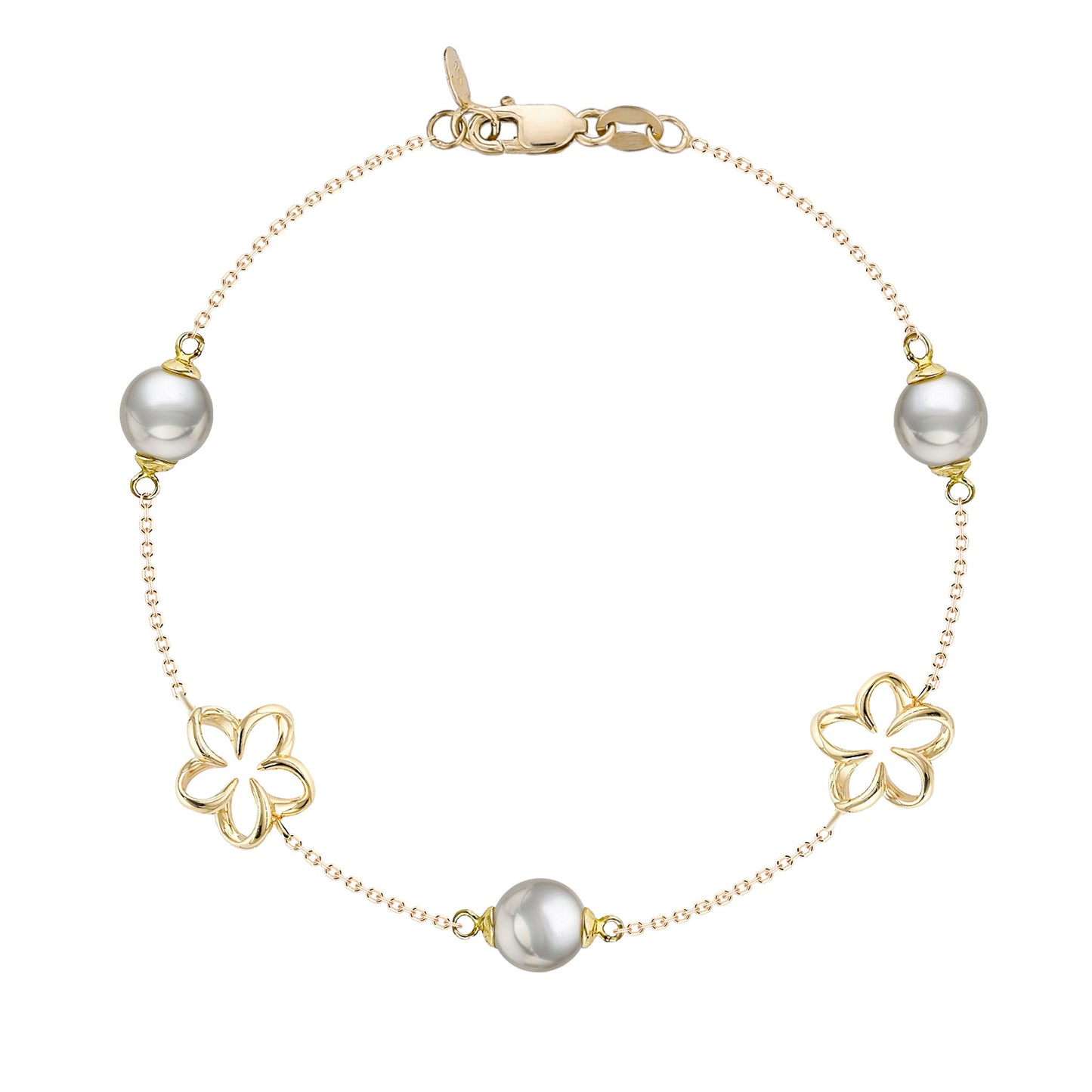 14K yellow gold floating plumeria bracelet with three white Akoya pearls. Item No. 44905