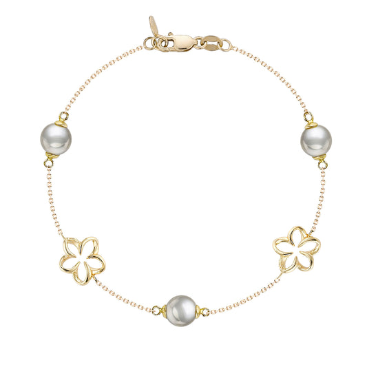 14K yellow gold floating plumeria bracelet with three white Akoya pearls. Item No. 44905