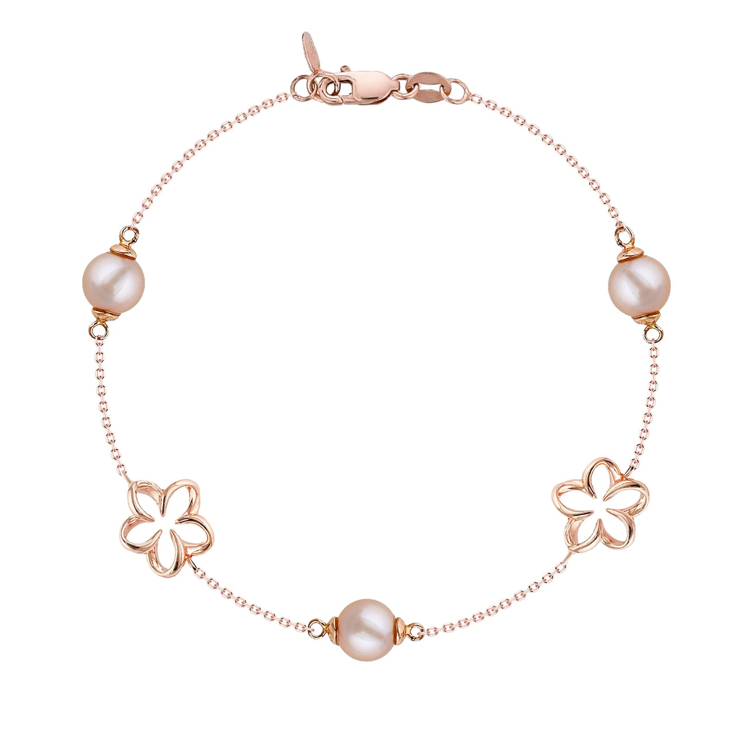 Delicate 14k rose gold chain bracelet featuring pink pearls and plumeria flower accents. Item No. 44907