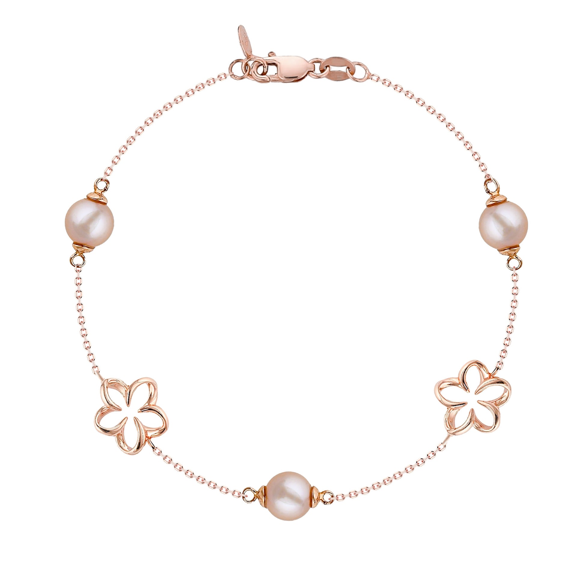 Delicate 14k rose gold chain bracelet featuring pink pearls and plumeria flower accents. Item No. 44907