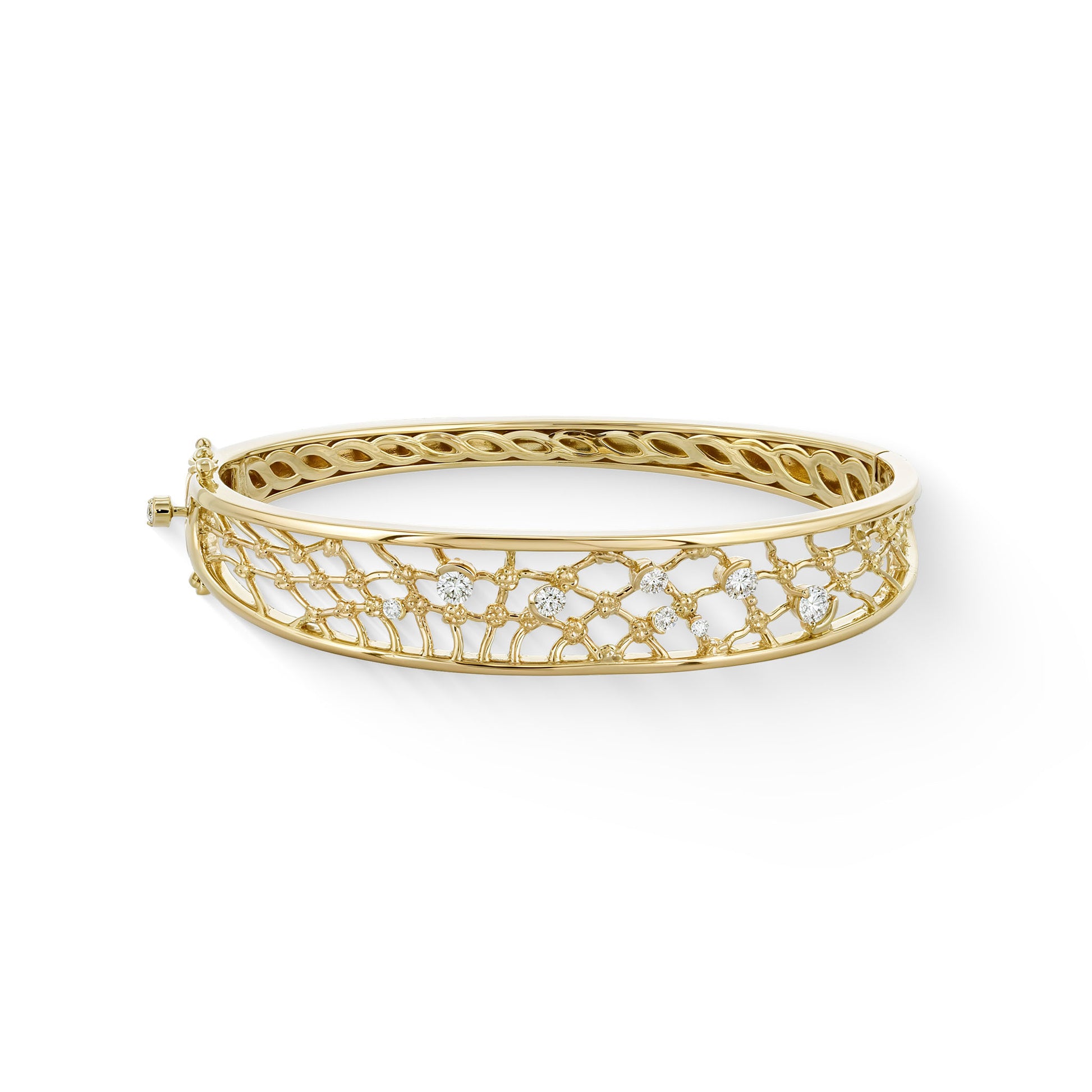 Hukilau net inspired hinged bangle in 14k yellow gold with diamond accents on the net & button of box clasp. Item No. 44943