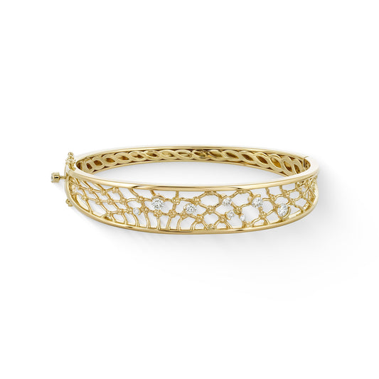 Hukilau net inspired hinged bangle in 14k yellow gold with diamond accents on the net & button of box clasp. Item No. 44943