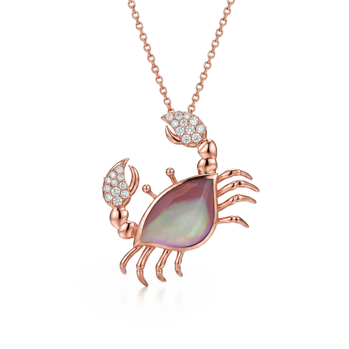 14K rose gold crab-shaped pendant with pink mother of pearl carapace and diamond details on claws, 18-inch chain. Item No. 773567