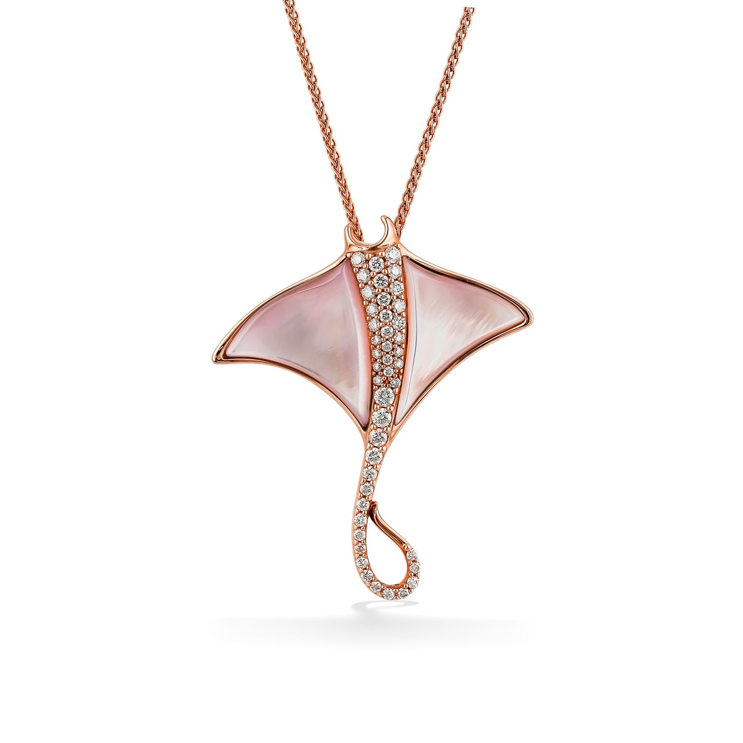 Manta ray pendant in rose gold with pink mother of pearl wings & diamonds lined from mouth to tip of tail. Item No. 773574