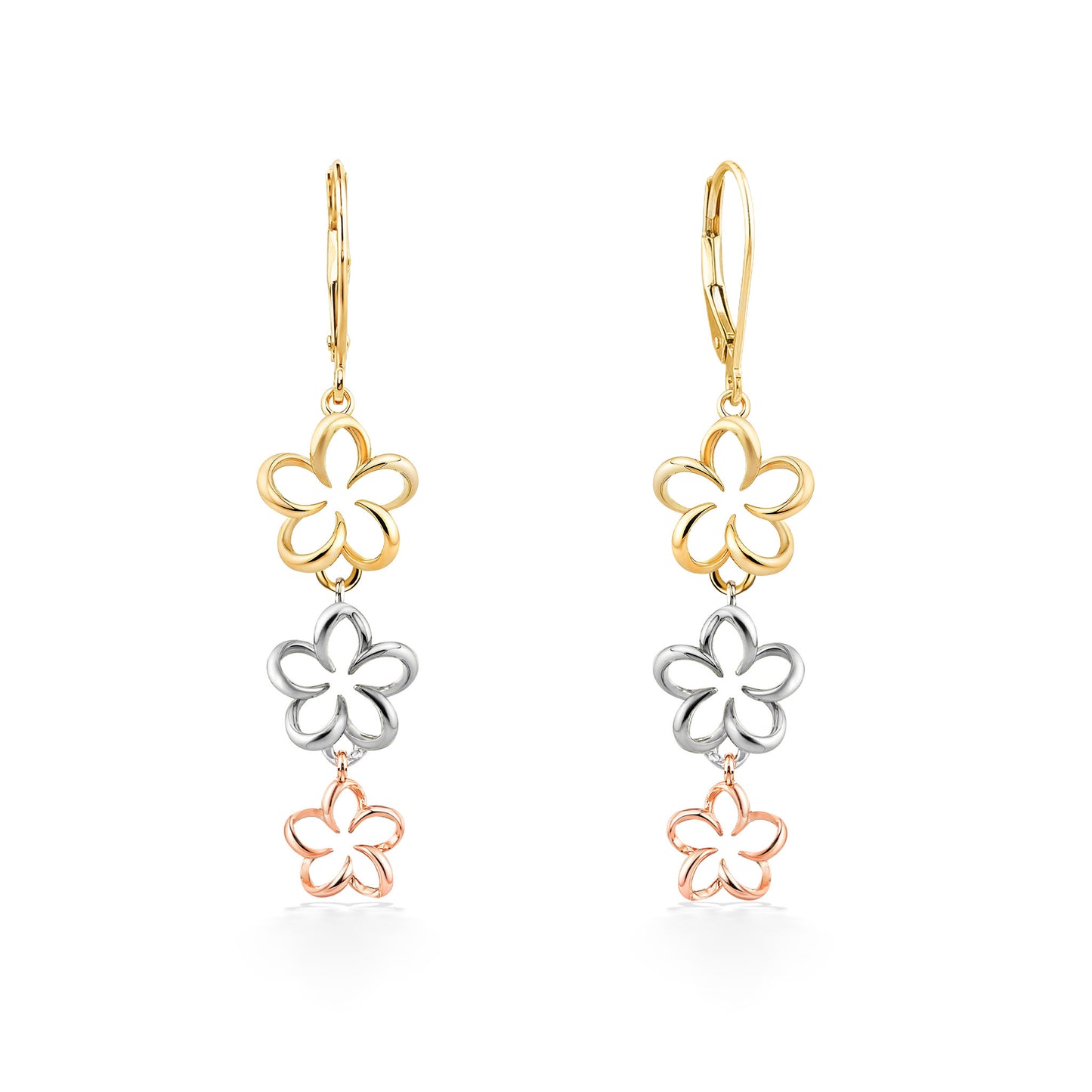 Three plumeria drop earrings in tri-gold colors with open center; front & side view of 14k gold leverbacks. Item No. 45039