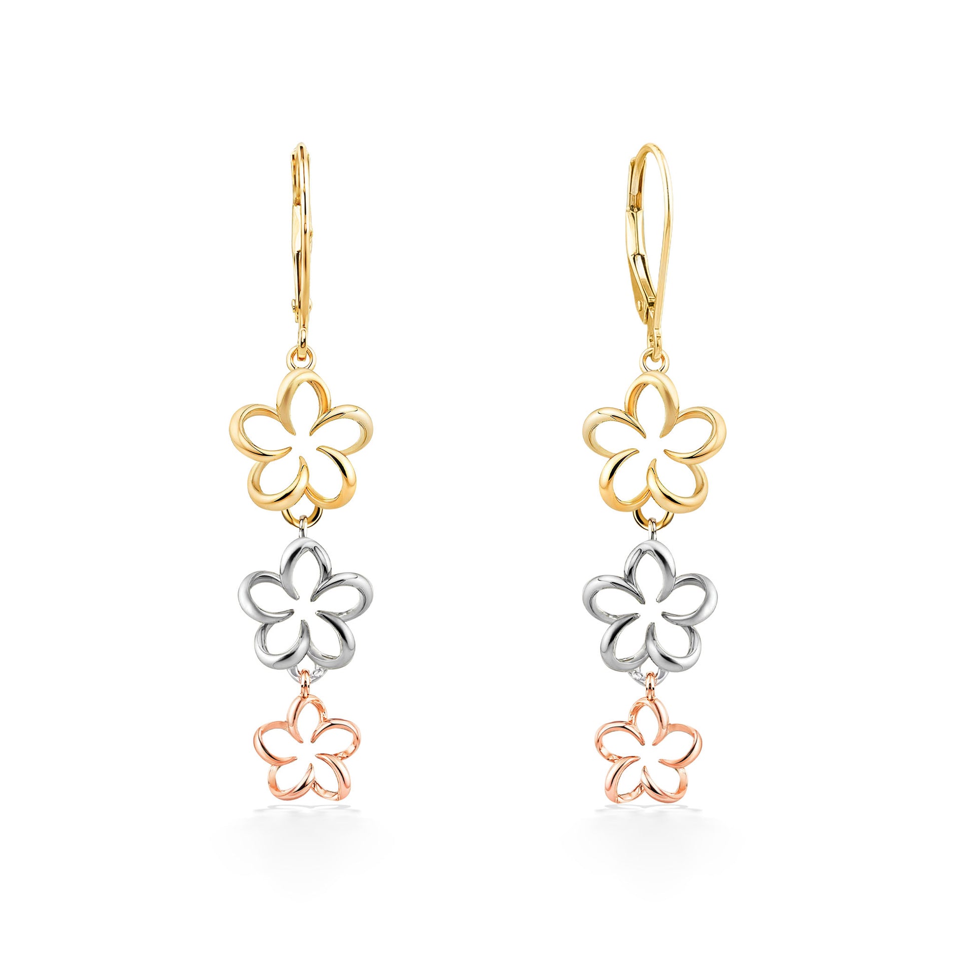 Three plumeria drop earrings in tri-gold colors with open center; front & side view of 14k gold leverbacks. Item No. 45039