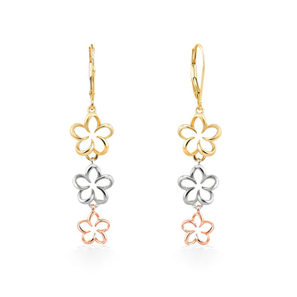 Three plumeria drop earrings in tri-gold colors with open center; front & side view of 14k gold leverbacks. Item No. 45039