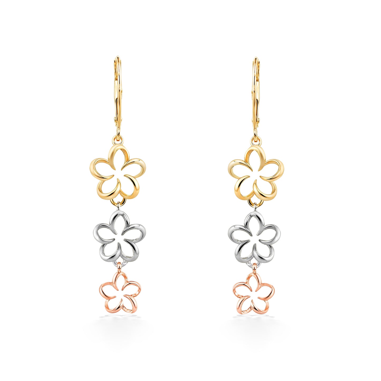 Tri-tone drop earrings with 14k yellow, 14k white, and 14k rose gold plumeria flower outlines in a cascade. Item No. 45039