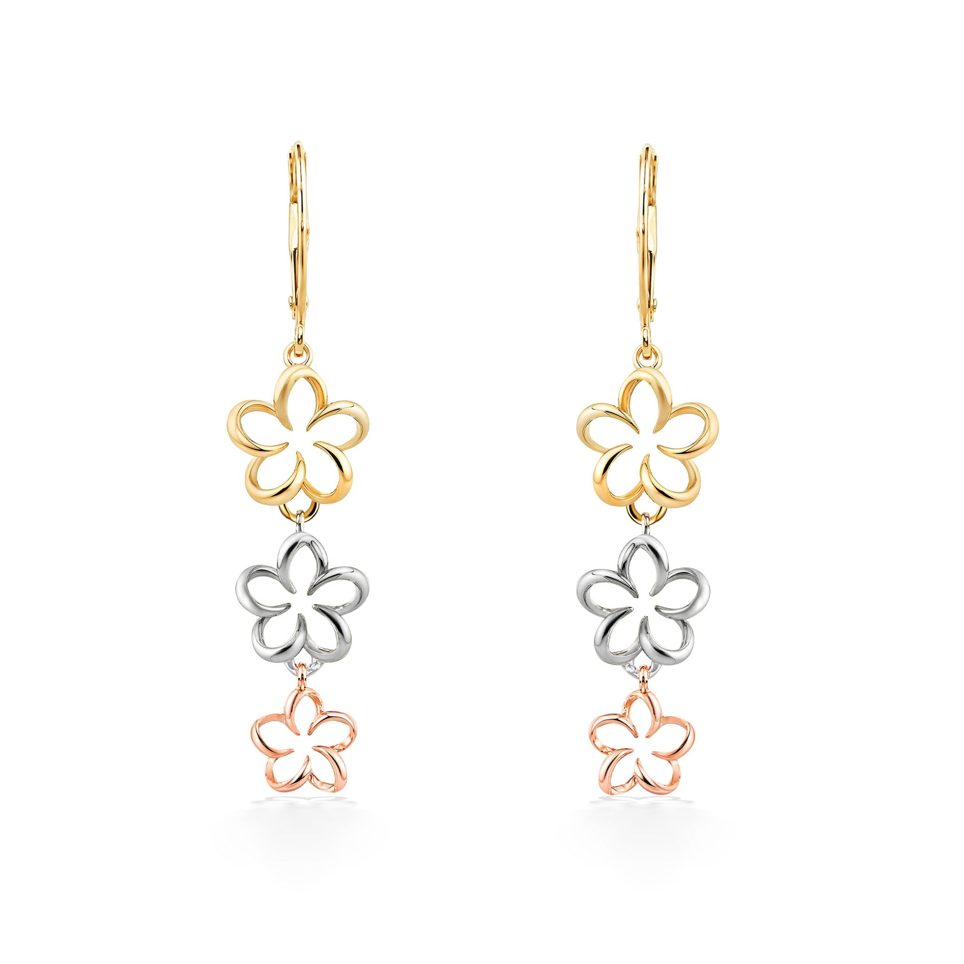 Tri-tone drop earrings with 14k yellow, 14k white, and 14k rose gold plumeria flower outlines in a cascade. Item No. 45039