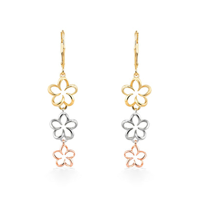 Tri-tone drop earrings with 14k yellow, 14k white, and 14k rose gold plumeria flower outlines in a cascade. Item No. 45039