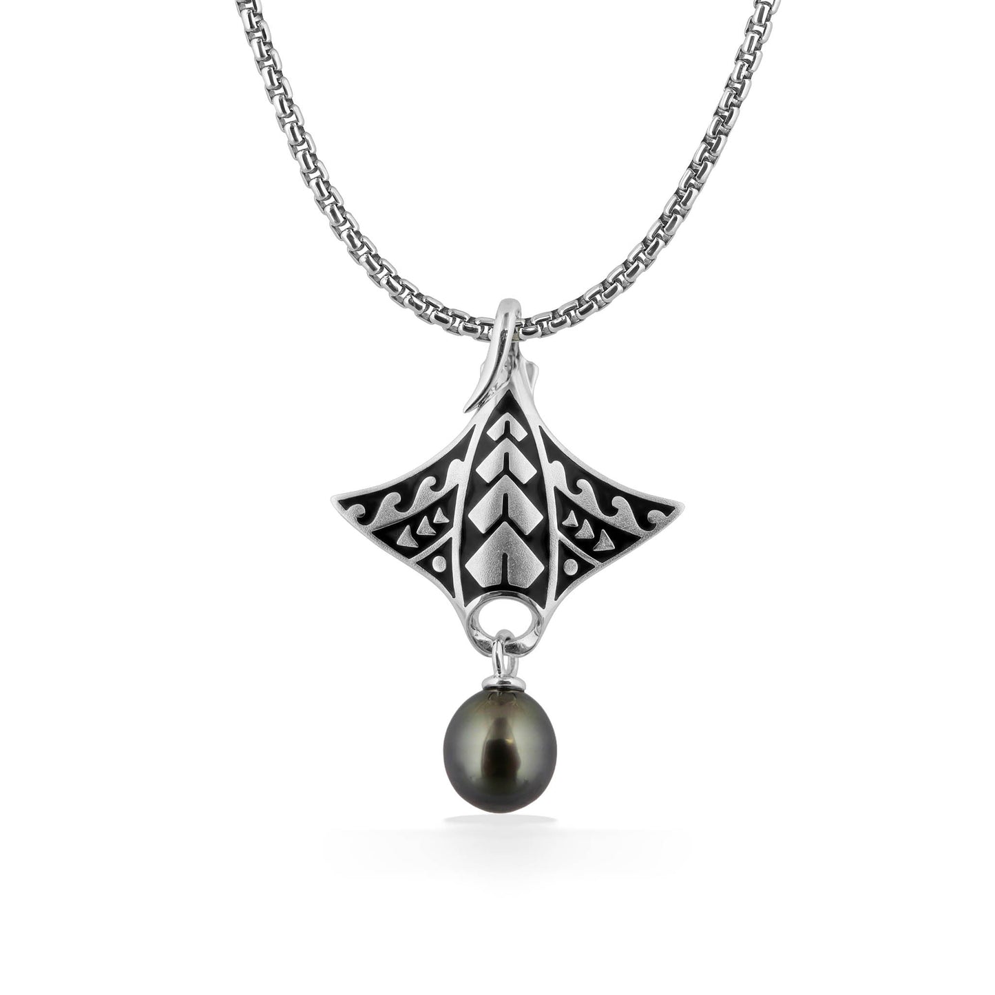 45069 - Sterling Silver - Sterling Silver Tattoo Manta Ray Pendant with a Tahitian Teardrop Pearl, 10mm