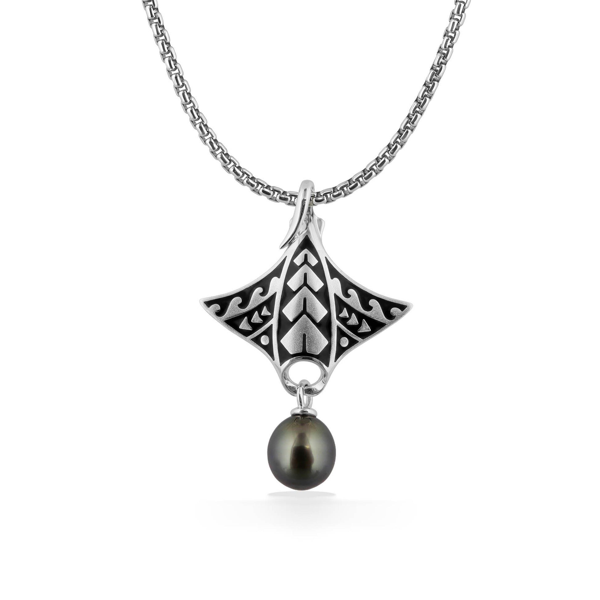 45069 - Sterling Silver - Sterling Silver Tattoo Manta Ray Pendant with a Tahitian Teardrop Pearl, 10mm