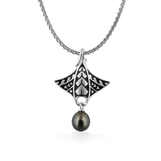 Sterling Silver Tattoo Manta Ray Pendant with a 10mm Tahitian Teardrop Pearl hanging from a silver chain. Item No. 45069