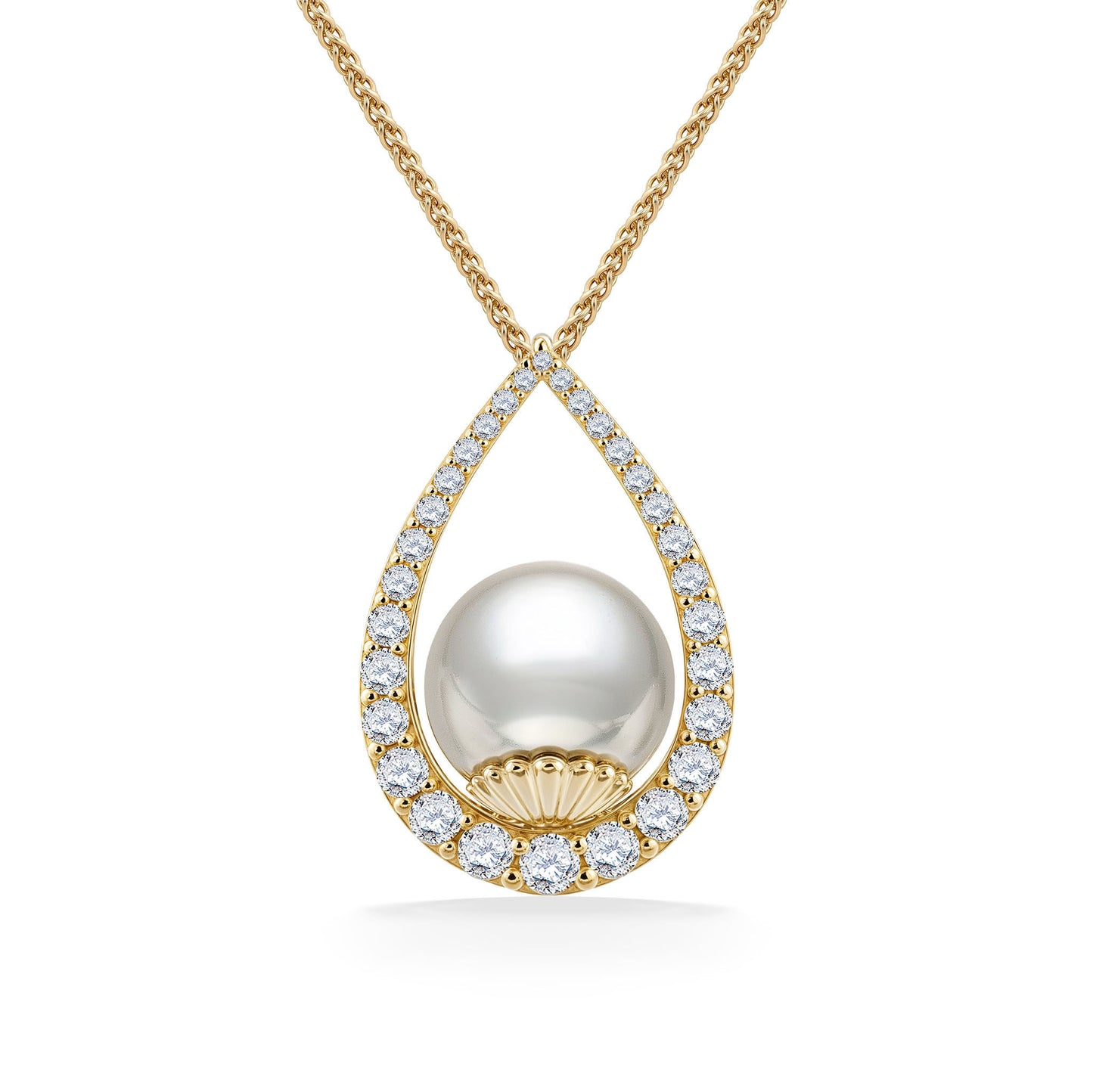 Gold teardrop-shaped pendant showcasing a luminous 11mm white south sea pearl, framed by sparkling diamonds. Item No. 45109