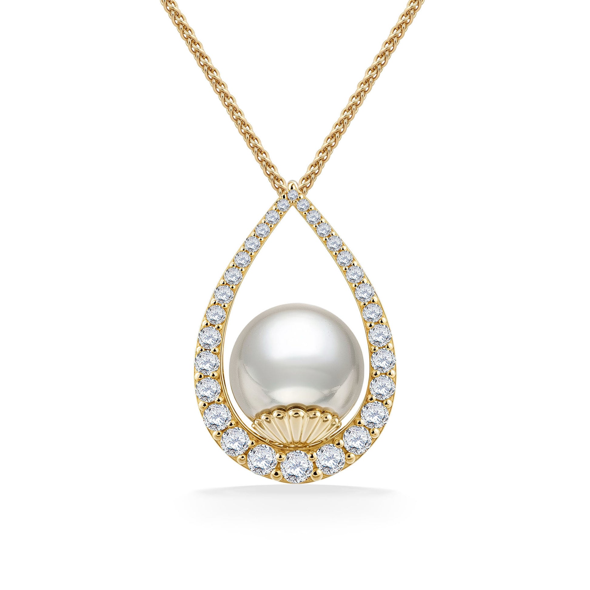 Gold teardrop-shaped pendant showcasing a luminous 11mm white south sea pearl, framed by sparkling diamonds. Item No. 45109