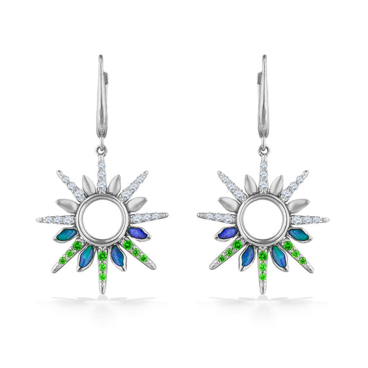 14K white gold leverback earrings featuring opal inlay, tsavorite garnets, and diamonds in a sunburst design. Item No. 45057