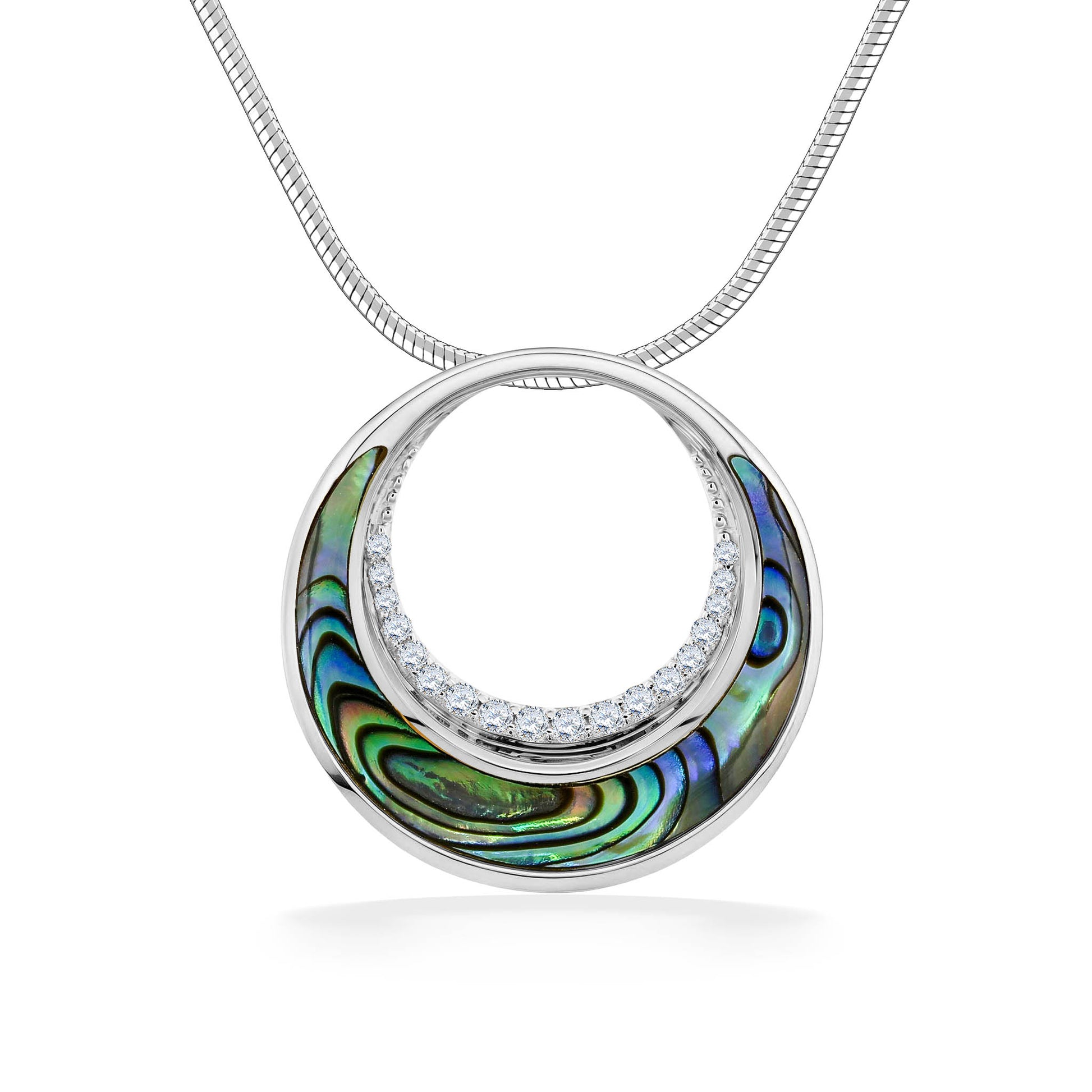 Crescent shaped abalone inlay on bottom of gold circle pendant, lined with diamonds on inner circle. Item No. 45126