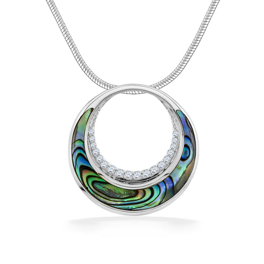 Crescent shaped abalone inlay on bottom of gold circle pendant, lined with diamonds on inner circle. Item No. 45126