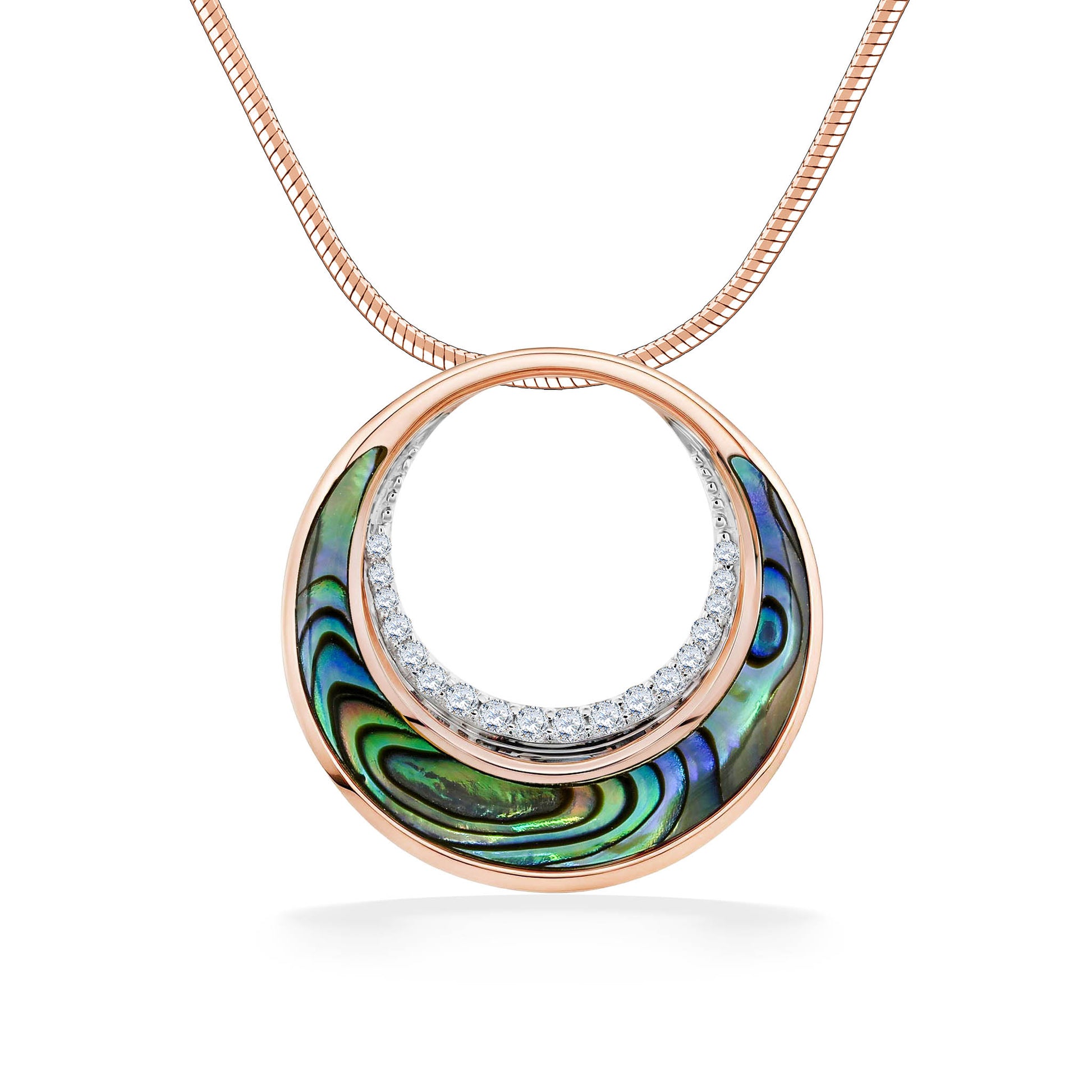 Crescent shaped abalone inlay on bottom of gold circle pendant, lined with diamonds on inner circle. Item No. 45127