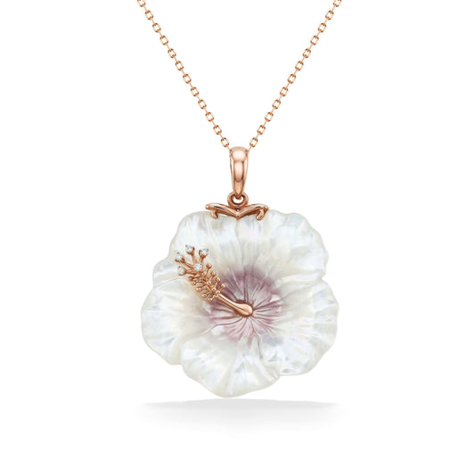 Large 14k rose gold hibiscus pendant made with white and pink mother of pearl, including a diamond accented stamen. - 45123