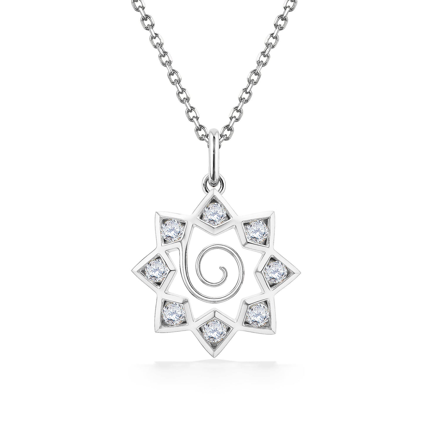Pendant featuring a 14k white gold geometric star outline with spiral detail & 8 diamonds set on each point. Item No. 45132