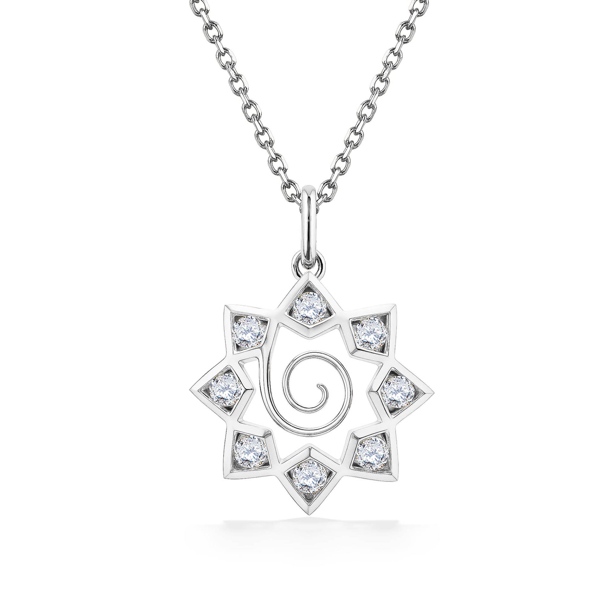 Pendant featuring a 14k white gold geometric star outline with spiral detail & 8 diamonds set on each point. Item No. 45132