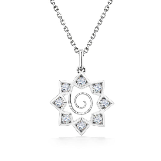 Pendant featuring a 14k white gold geometric star outline with spiral detail & 8 diamonds set on each point. Item No. 45132