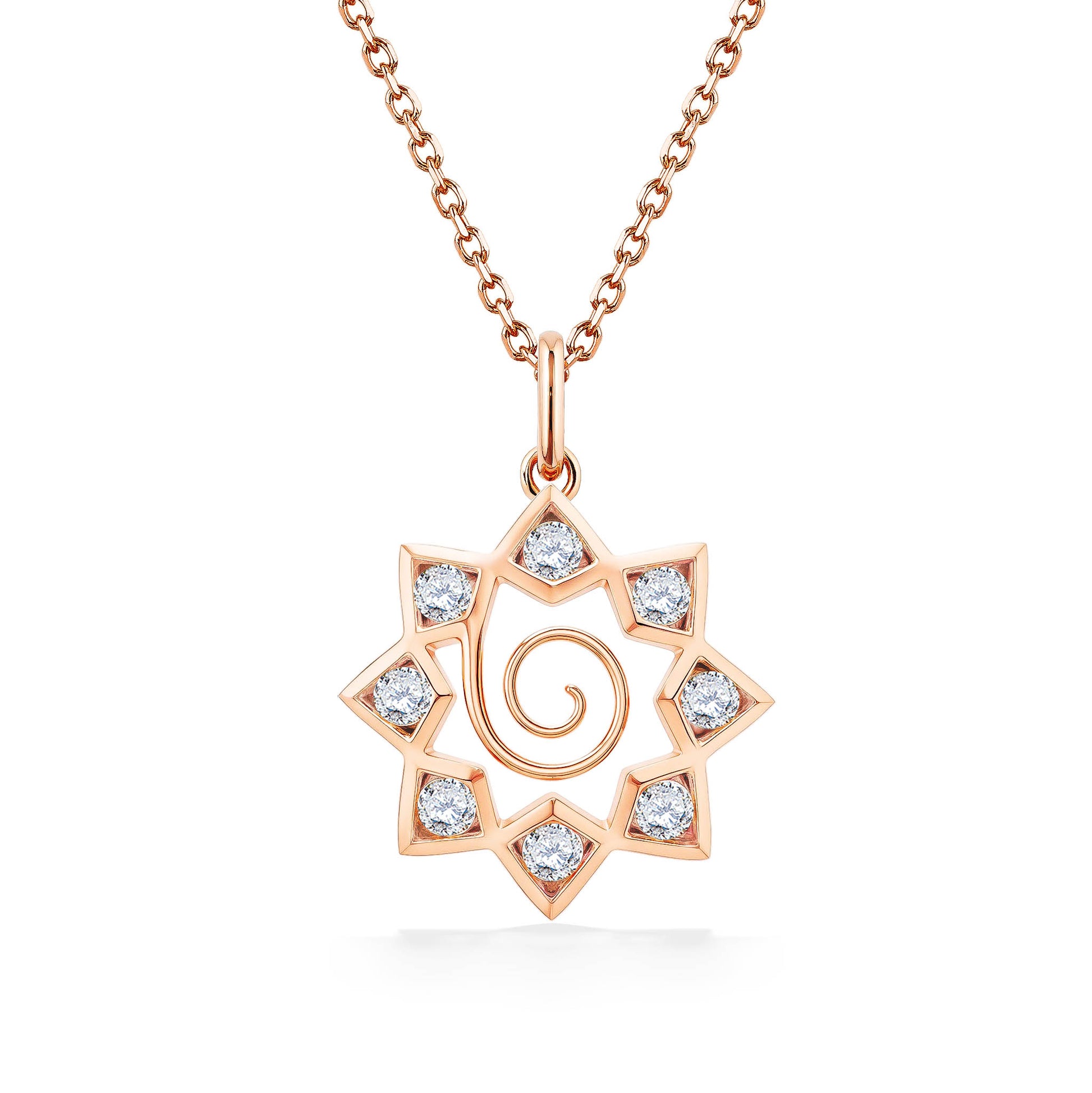 Geometric 14k rose gold star pendant accented with 8 brilliant diamonds & a delicate spiral center detail. Item No. 45133