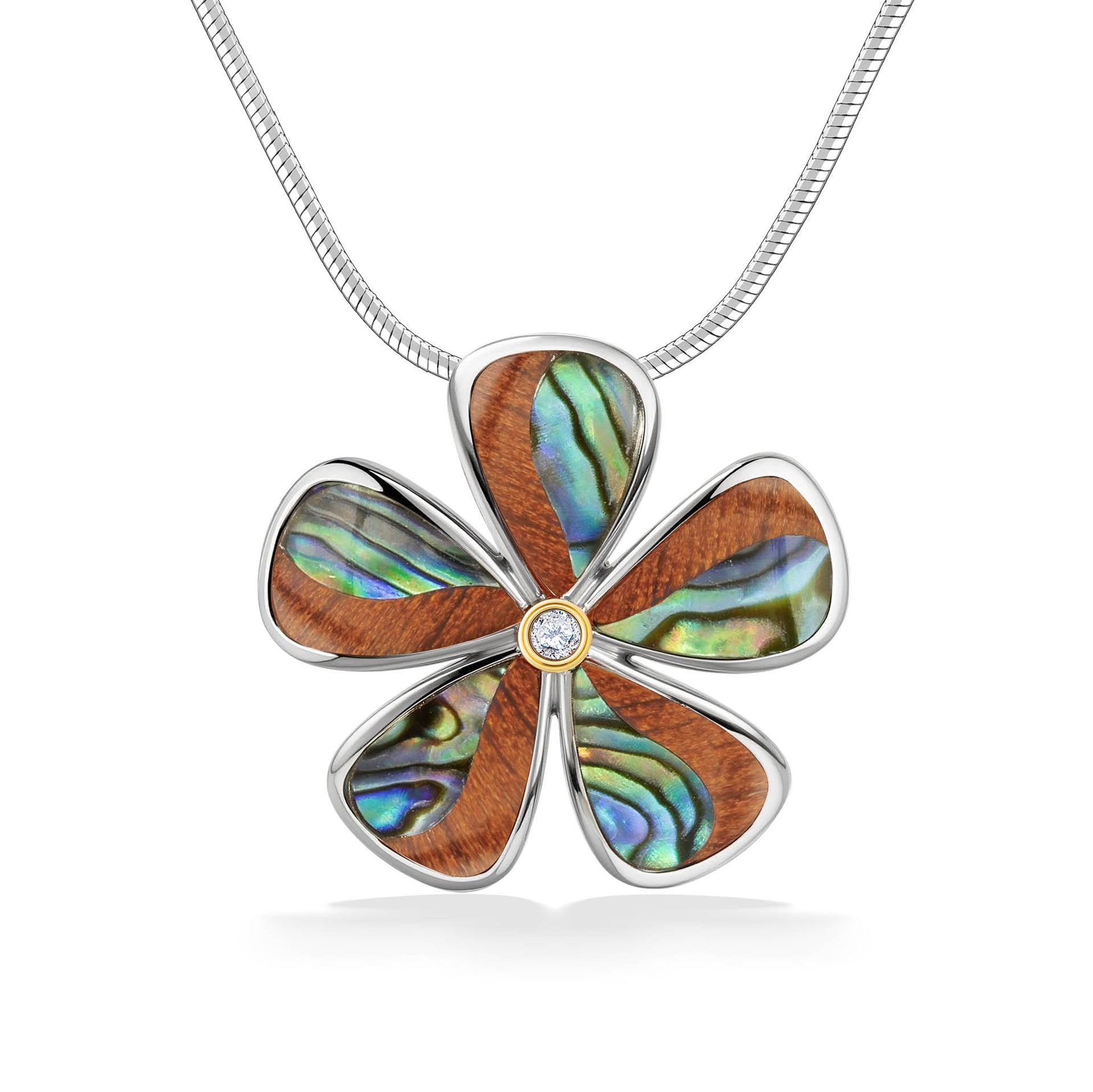 Plumeria Pendant with Abalone, Koa Wood and Diamond - Na Hoku