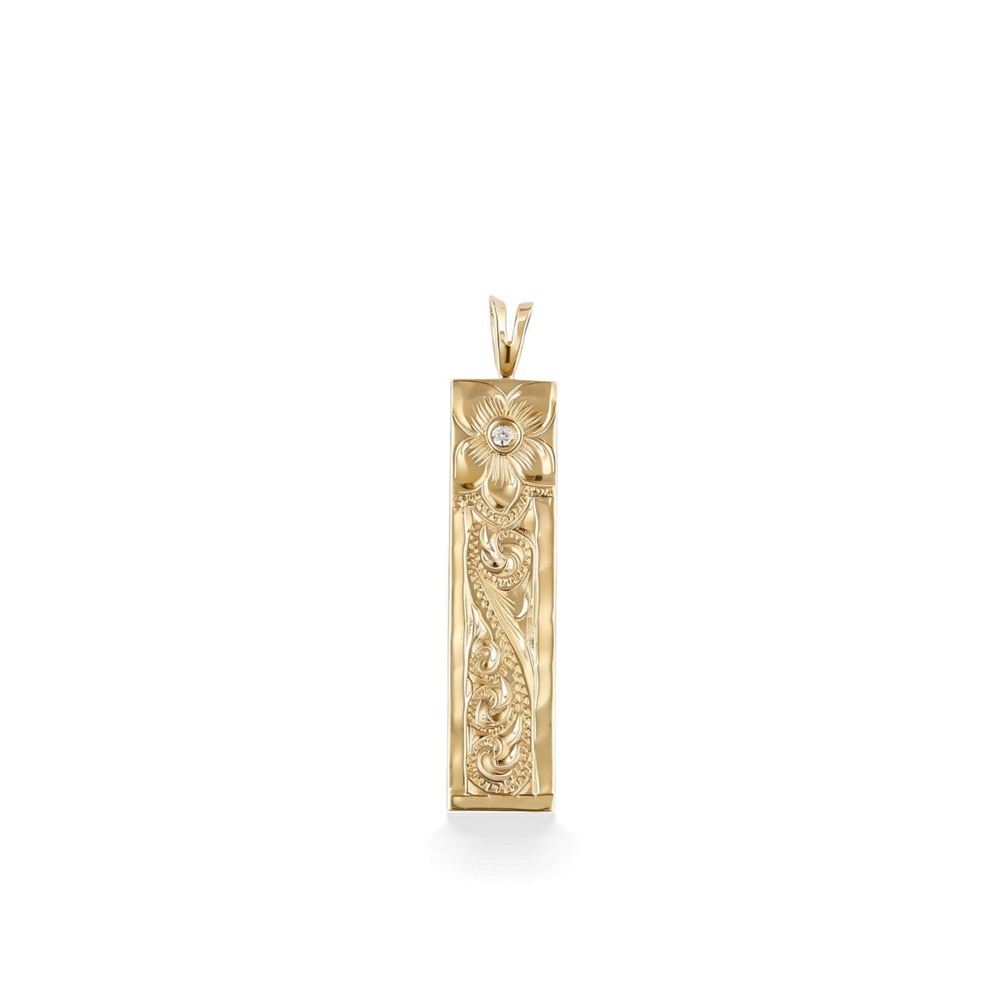 Gold Hawaiian heirloom vertical pendant with hand-engraved Royal scroll design and diamond accent. Item No. 62599