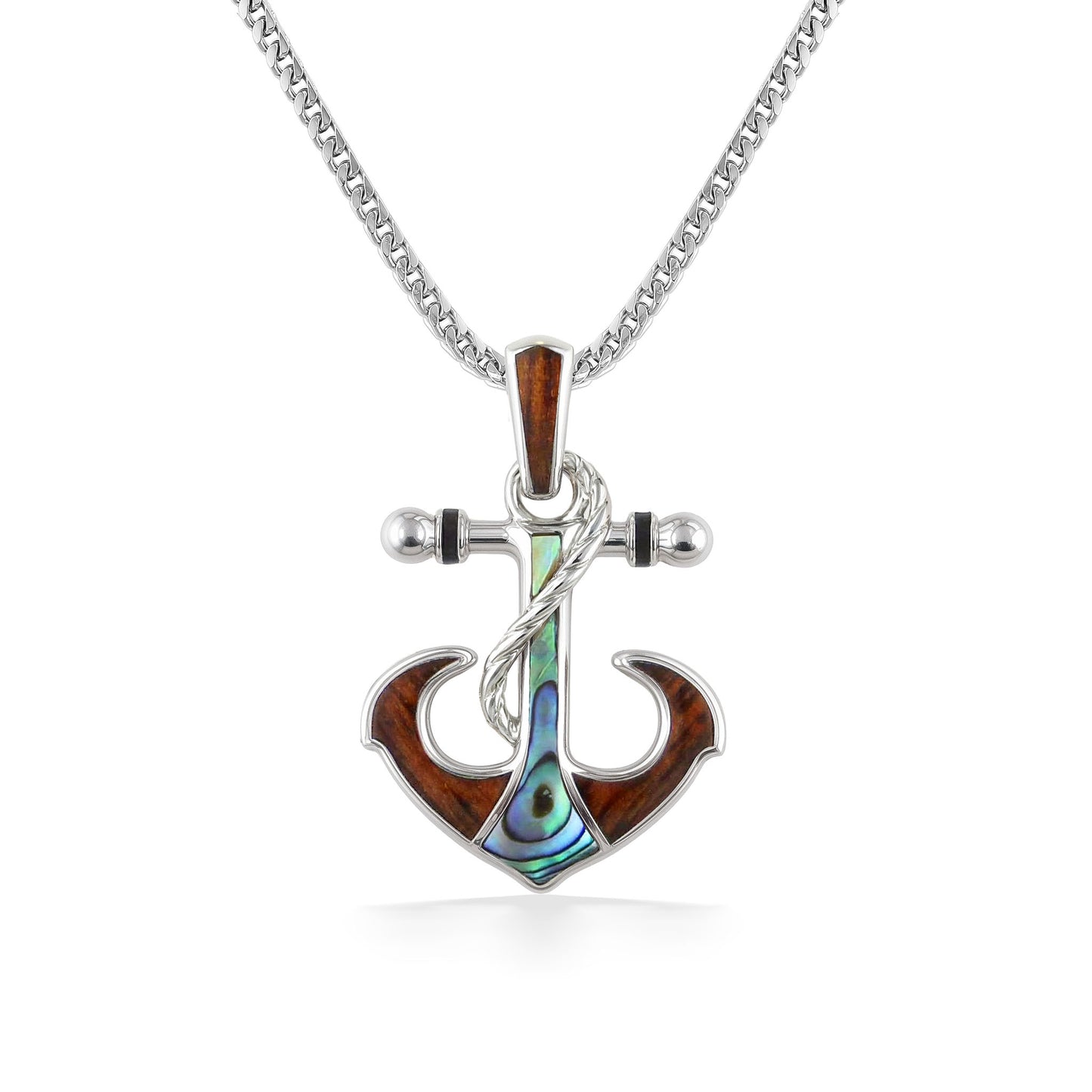 Sterling silver anchor necklace featuring koa wood, abalone inlay, & black enamel accents on a polished chain. Item No. 45154