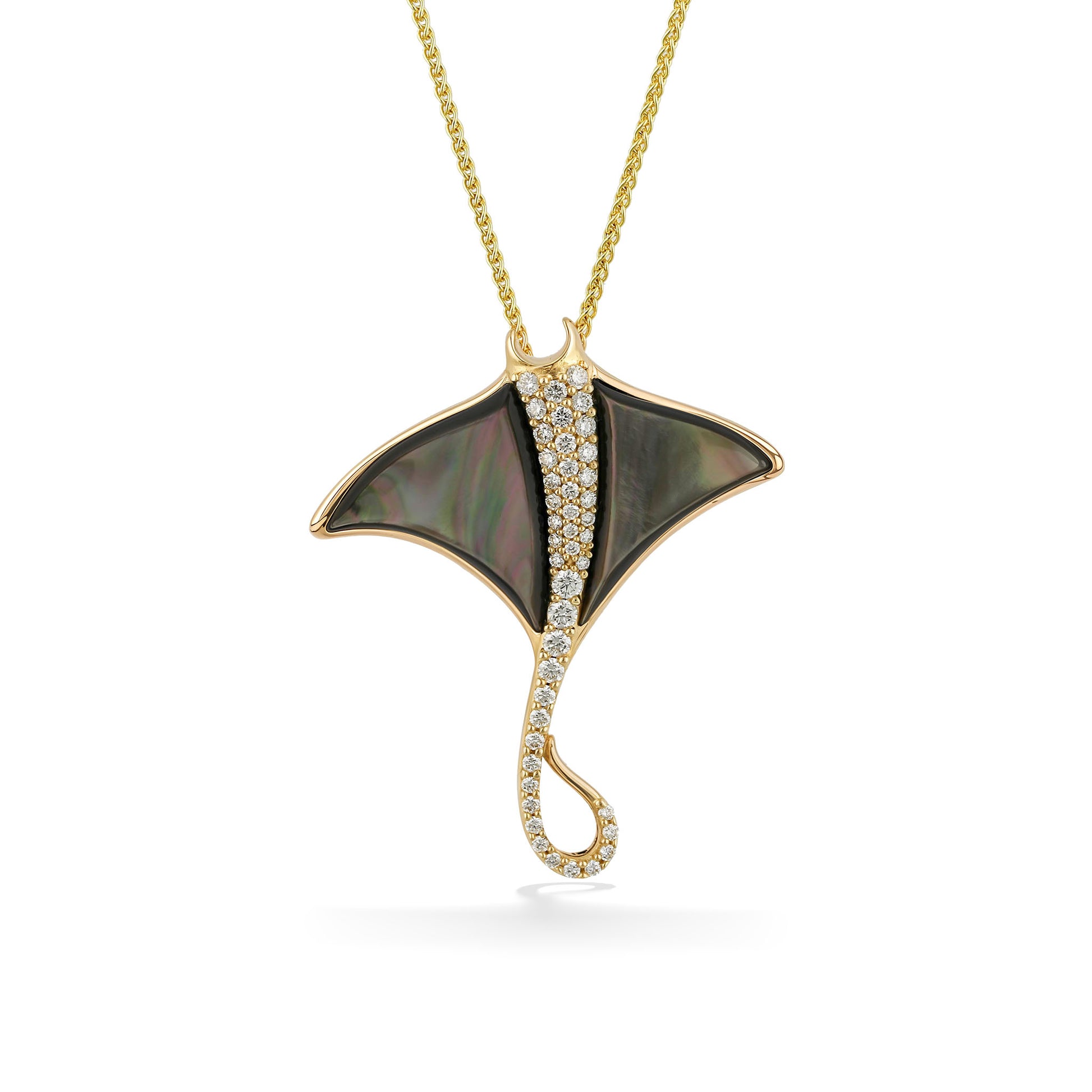 Yellow gold manta ray pendant with tahitian mother of pearl wings and pavé-set diamonds along center of back. Item No. 773900