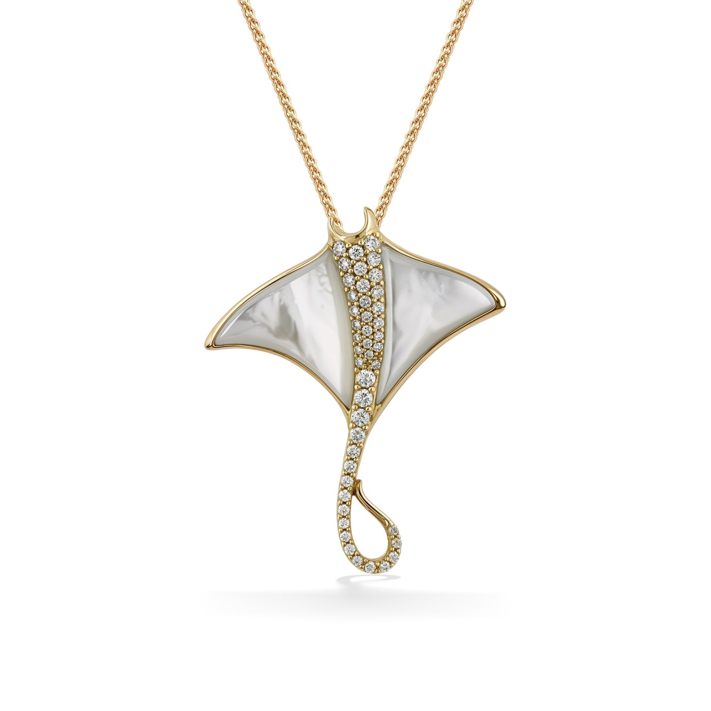 Yellow gold manta ray pendant with diamond accented center pavé-set diamonds and white mother of pearl wings. Item No. 773901