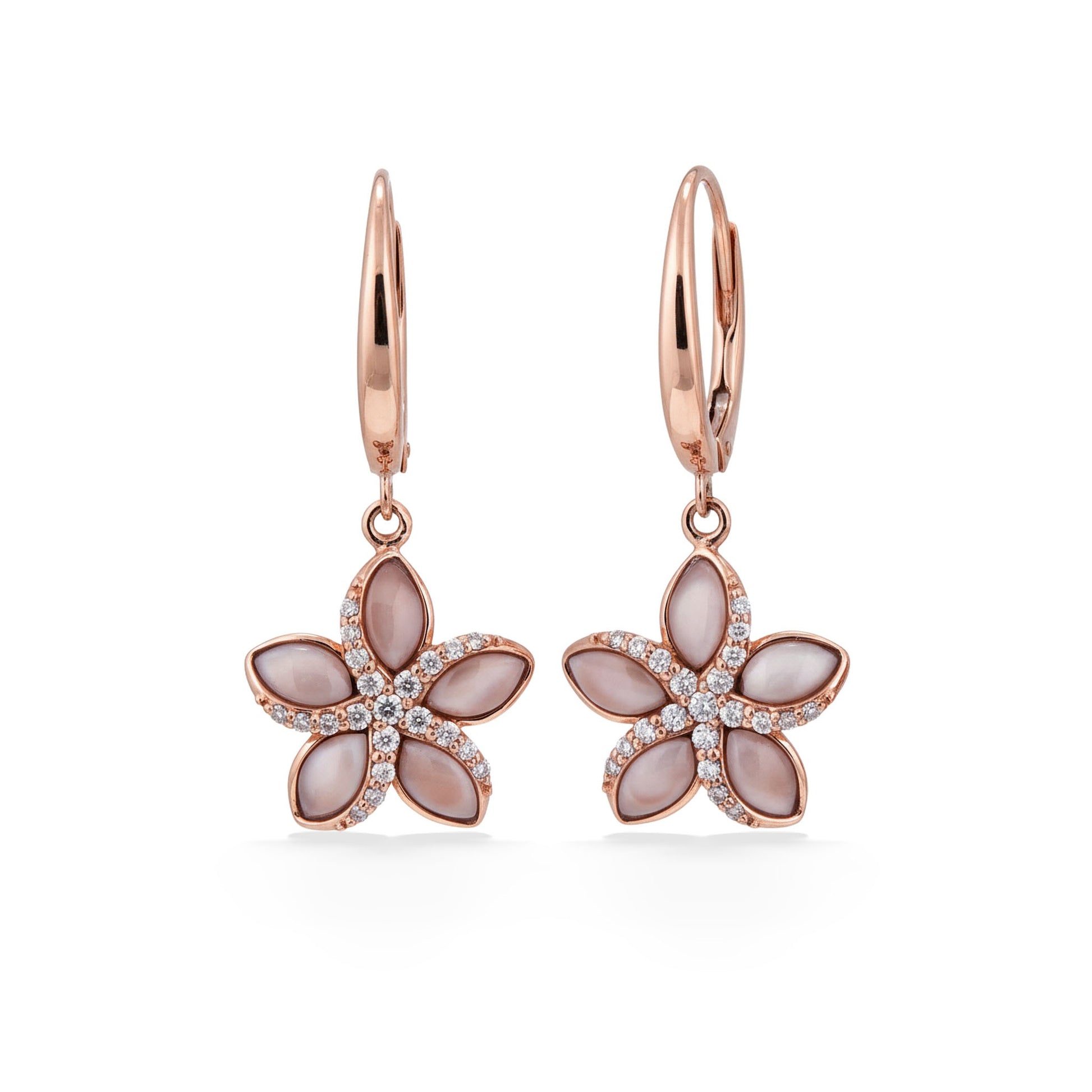 Pink mother of pearl inlay plumeria leverback earrings in rose gold with a center starfish like diamond accent. Item No.45157