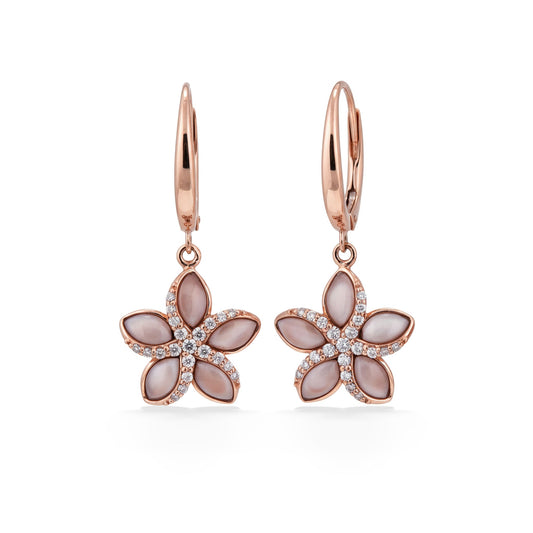 Pink mother of pearl inlay plumeria leverback earrings in rose gold with a center starfish like diamond accent. Item No.45157