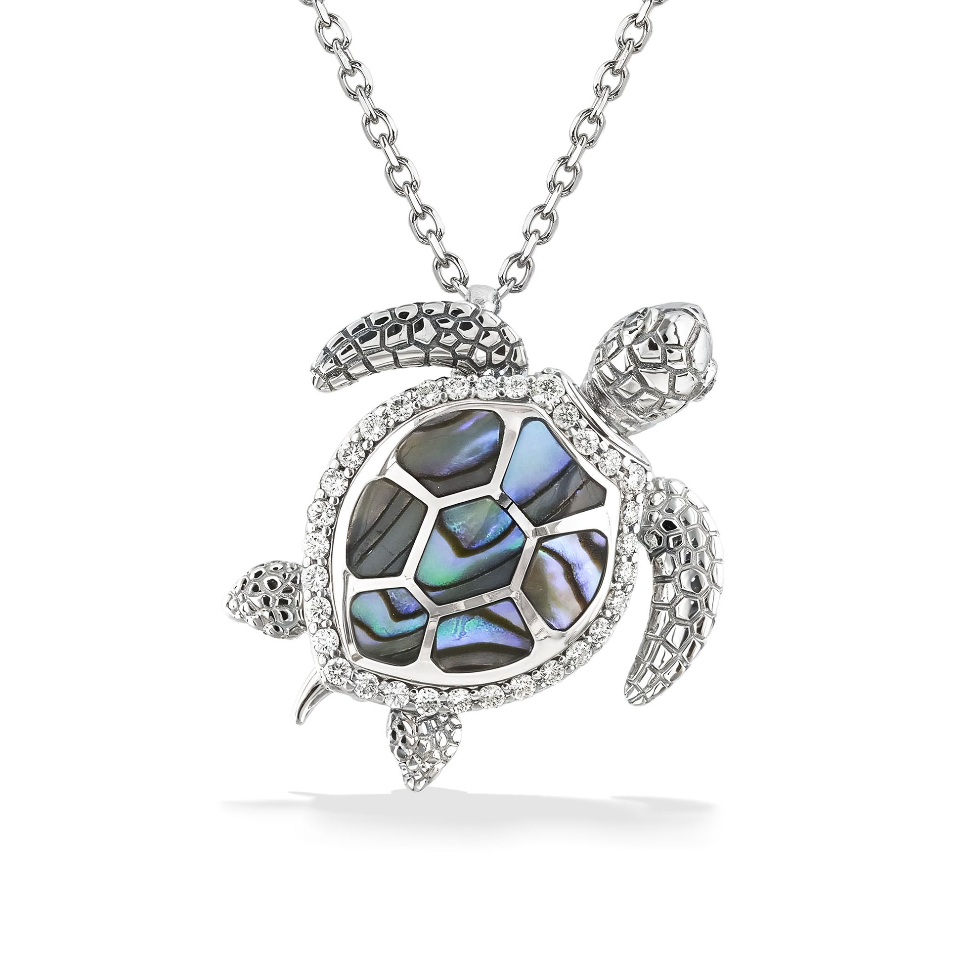 Close-up of 14k white gold turtle pendant on chain, with abalone inlay shell framed by pavé-set diamonds. Item No. 44837