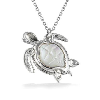 Close-up of 14k white gold turtle pendant on chain, with abalone inlay shell framed by pavé-set diamonds. Item No. 44837