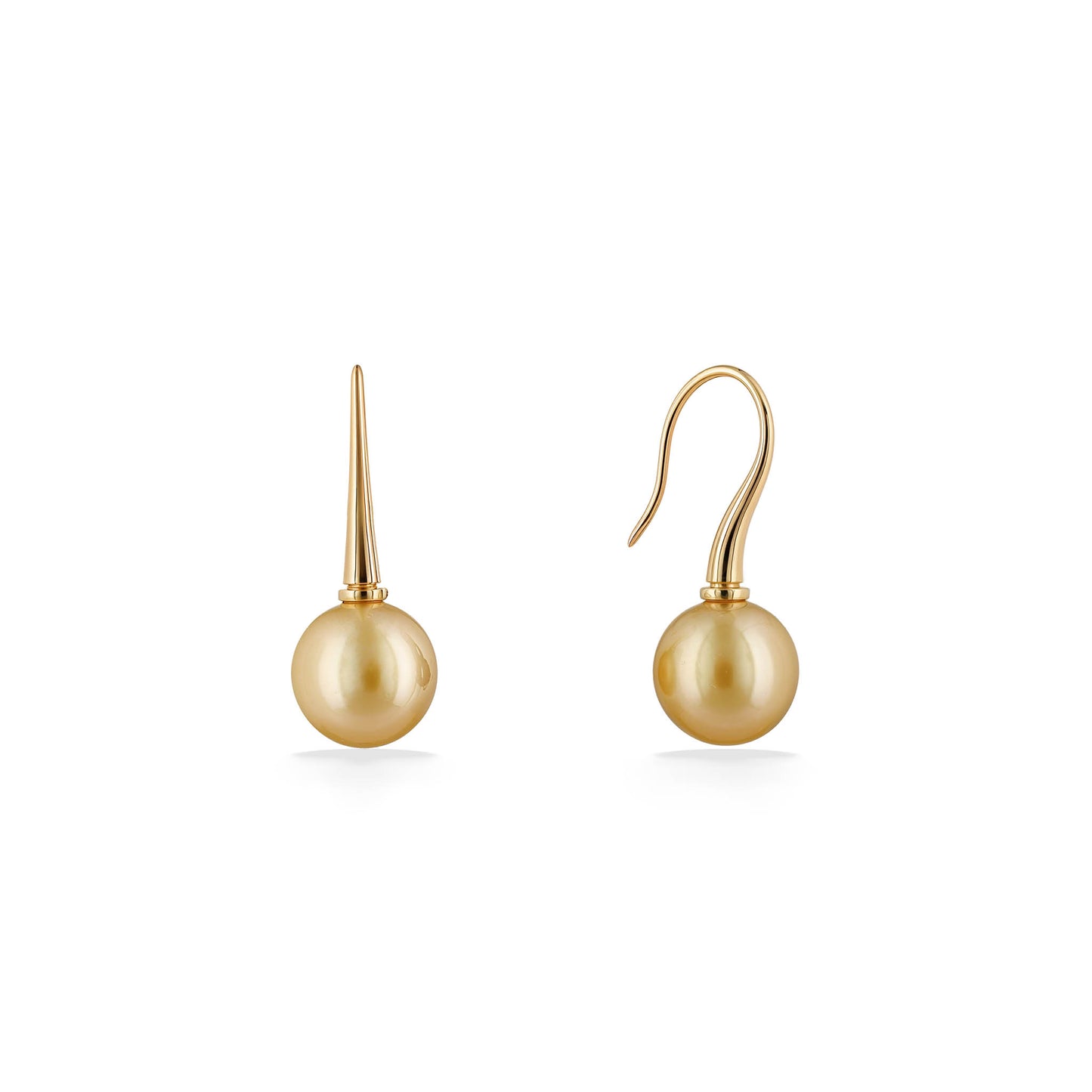 Elegant 14k yellow gold pearl earrings with gold south sea pearls & sleek shepard ear hooks. Item No. 45159
