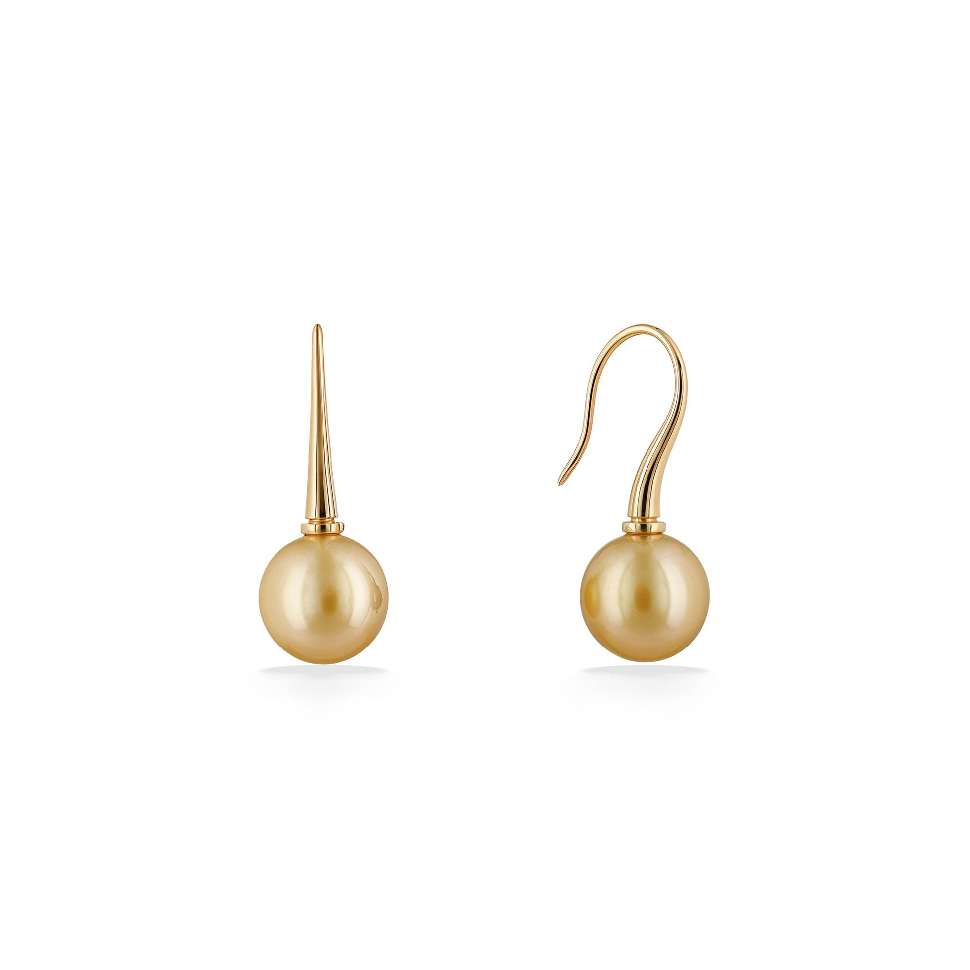 Elegant 14k yellow gold pearl earrings with gold south sea pearls & sleek shepard ear hooks. Item No. 45159