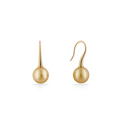 Elegant 14k yellow gold pearl earrings with gold south sea pearls & sleek shepard ear hooks. Item No. 45159