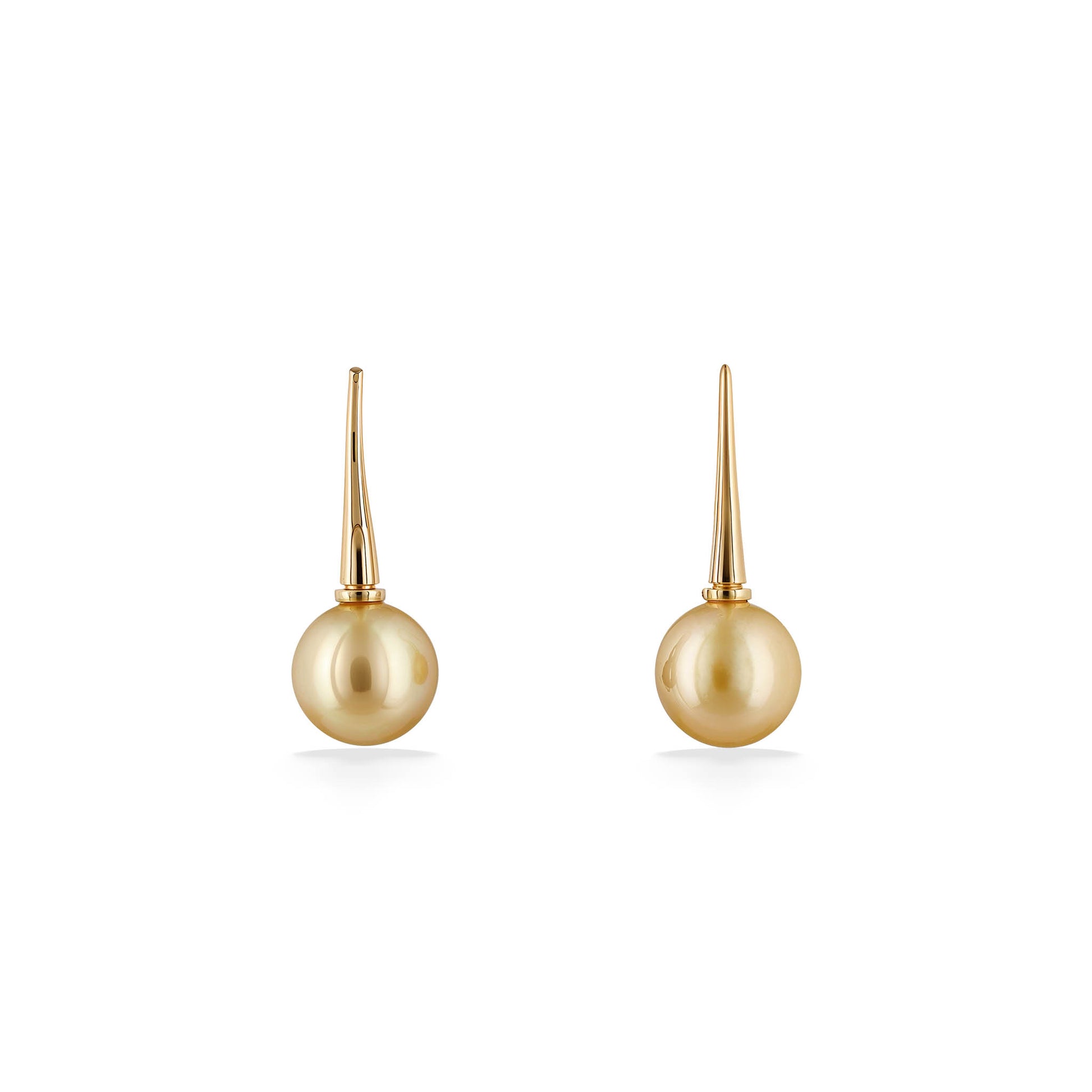 Refined stud-style earrings featuring radiant south sea golden pearls topped with slim shepard ear hooks. Item No. 45159