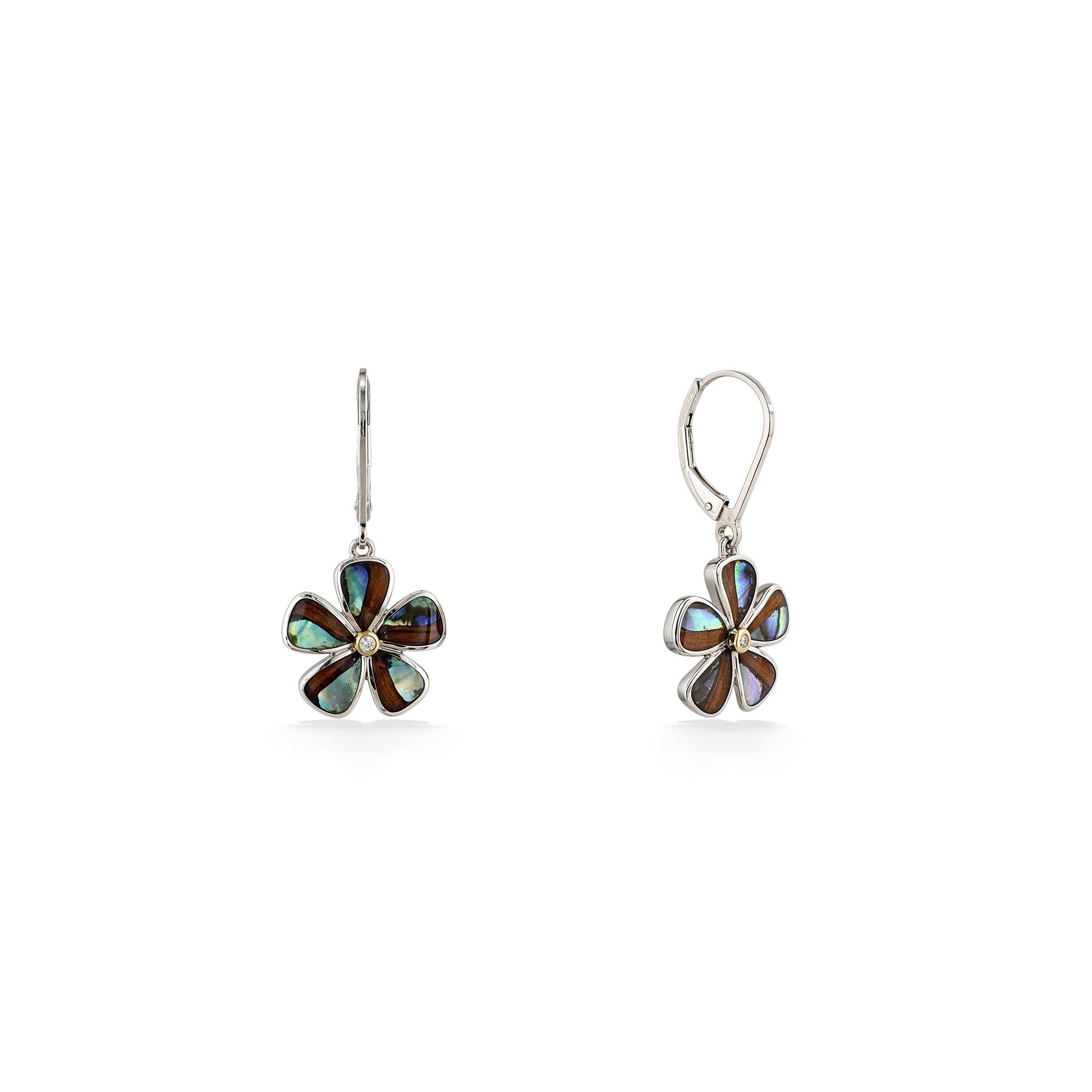 Plumeria leverback earrings front and partial view to show the sterling silver earnut and post. Item No. 45185