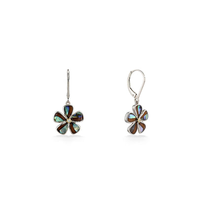 Plumeria leverback earrings front and partial view to show the sterling silver earnut and post. Item No. 45185
