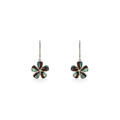 Sterling silver plumeria leverbacks with half abalone & koa petals, & an 18k gold bezel diamond. Item No. 45185