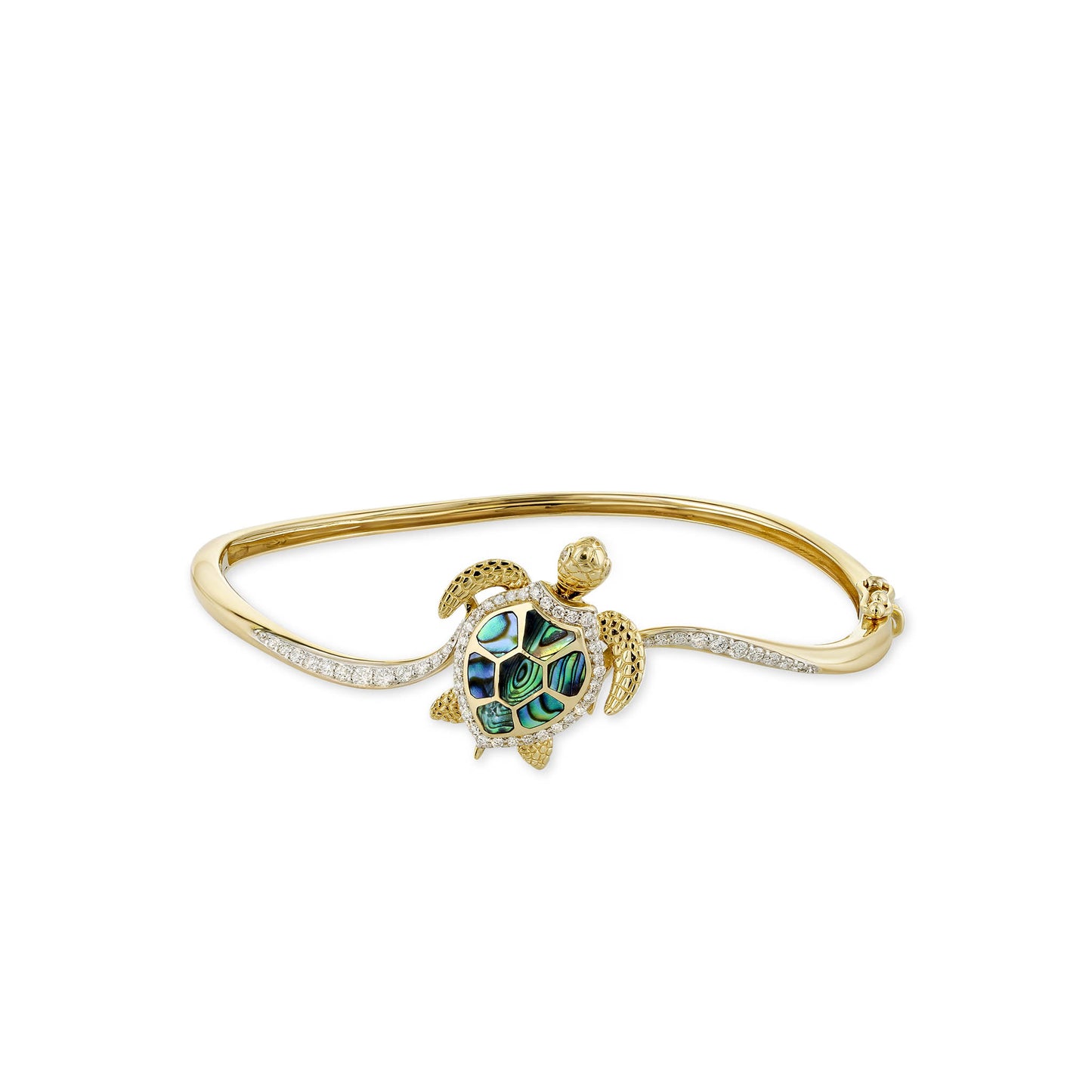 Turtle hinged bangle accented with diamonds & abalone shell, styled on a sleek 14k yellow gold curved bangle. Item No. 45186