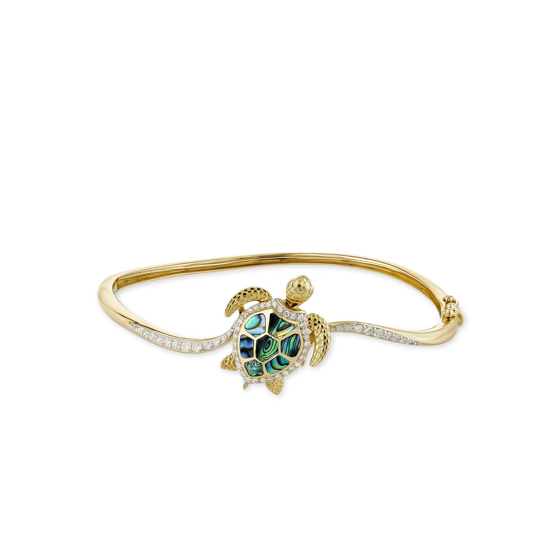 Turtle hinged bangle accented with diamonds & abalone shell, styled on a sleek 14k yellow gold curved bangle. Item No. 45186