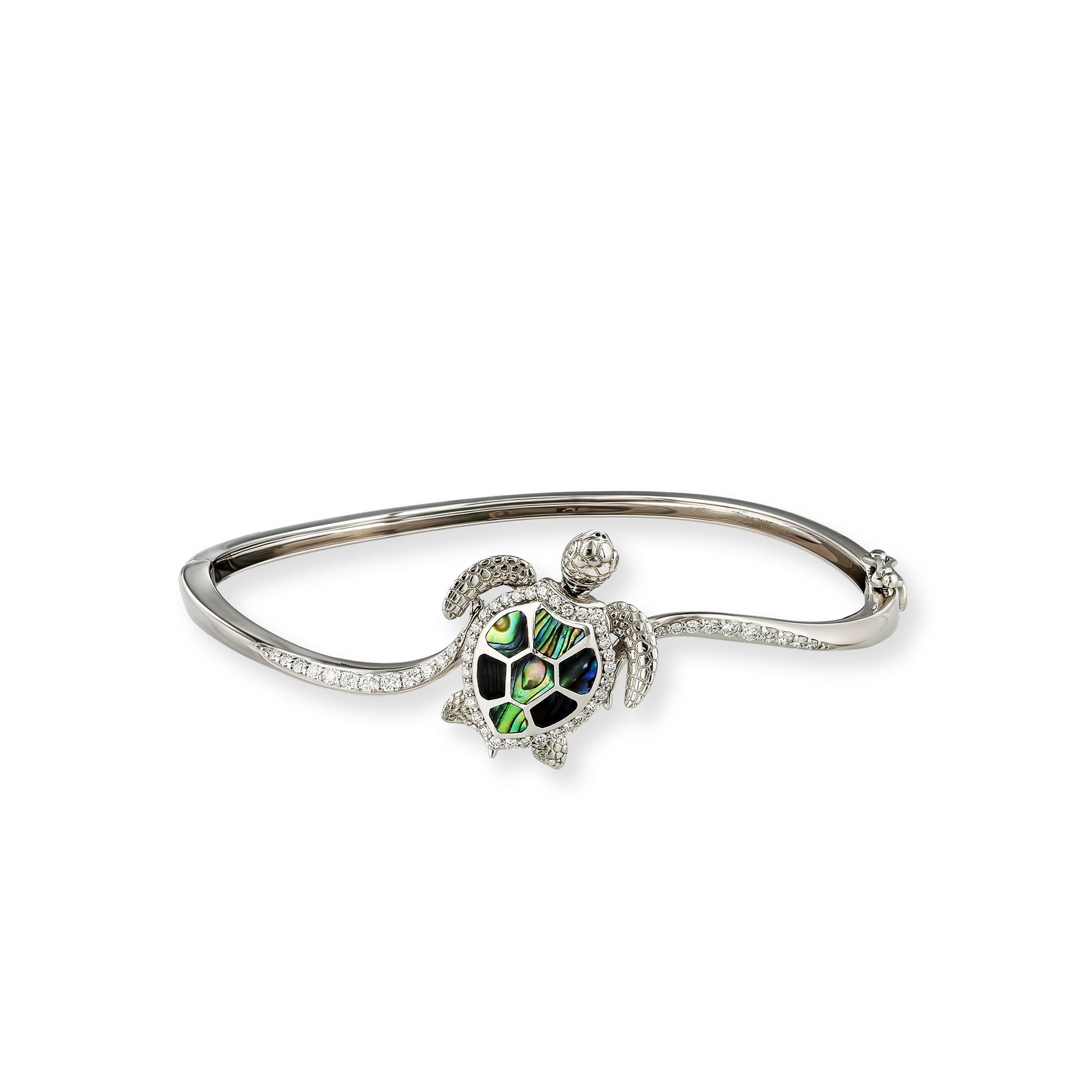 White gold hinged bangle featuring a detailed turtle centerpiece with abalone shell & pavé diamonds. Item No. 45187