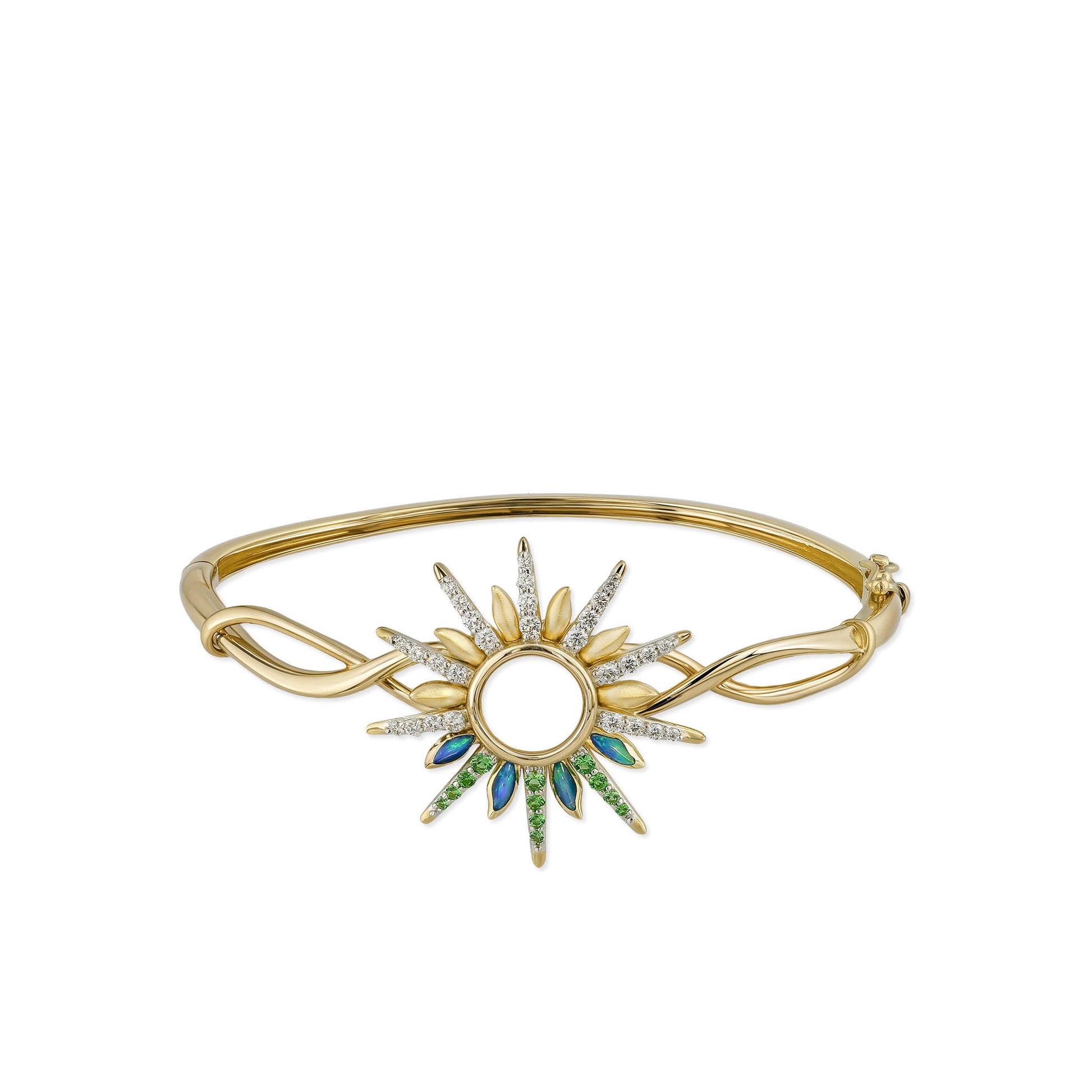 Sunburst 14k yellow gold bracelet with opal, tsavorite & diamond accents radiating from a circular center. Item No. 45194