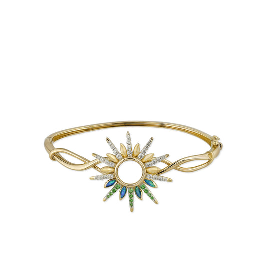 Sunburst 14k yellow gold bracelet with opal, tsavorite & diamond accents radiating from a circular center. Item No. 45194