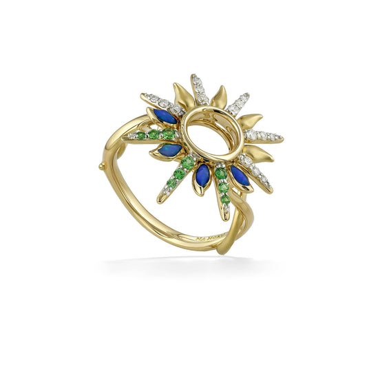 14K yellow gold sunburst ring featuring a mix of diamonds, opals, & tsavorites radiating from an open center. Item No. 45196
